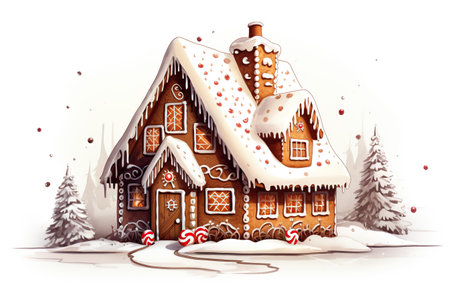 Gingerbread house watercolor illustration on white background.の素材