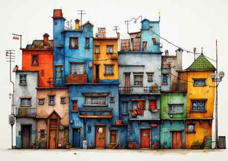 Colorful cartoon illustration houses in a rowの素材
