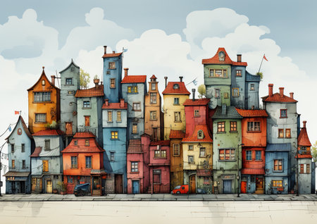 Colorful cartoon illustration houses in a rowの素材