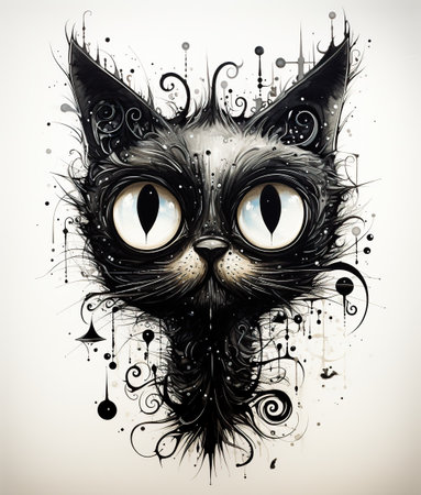 Black Cat Abstract: Expressive feline art in monochrome on a clean canvas.の素材