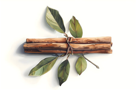 A close-up photo of a cluster of cinnamon sticks tied with a raffia string, with a few green leaves scattered around. The cinnamon has a rough, brown texture and the leaves are smooth and vibrant greenの素材