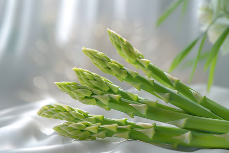 A close-up photo of a fresh asparagus bunch tied with a raffia string on a rustic wooden tableの素材