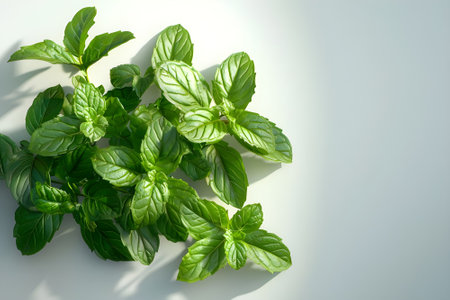 A close-up photo of a cluster of fresh mint leaves with serrated edges and vibrant green color, resting on a clean white surfaceの素材