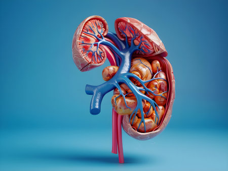 A detailed 3D model of a kidney, complete with intricate veins and arteries, showcases the intricate workings of the human body and the complexities of human anatomyの素材