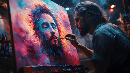 A dedicated artist intensely works on a vibrant, expressive oil painting of a bearded man. The artwork blends bold strokes of blue, red, and orange, capturing deep emotion and creativity. The atmospheric lighting and rich color palette create a mesmerizing scene of artistic passionの素材