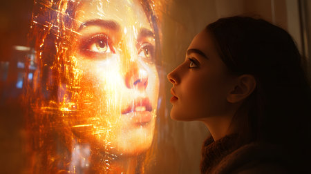 A young woman looks intently at a glowing digital representation of her face on a futuristic screen. The warm, golden light and intricate details of the digital portrait create a surreal and thought-provoking atmosphere, symbolizing technology, identity, and self-reflectionの素材
