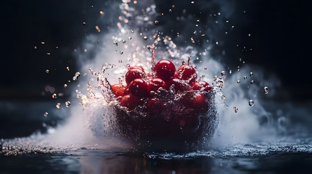 A dramatic high-speed capture of fresh red cherries splashing into water, creating dynamic motion with droplets and mist against a dark background. This visually striking image evokes freshness, energy, and the essence of summer fruit AI Generativeの素材