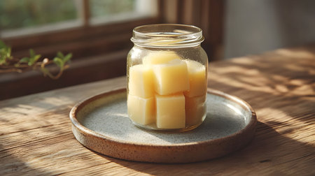 A rustic scene featuring a glass jar filled with soft yellow jelly cubes, placed on a ceramic plate with warm sunlight streaming through a nearby window. The image evokes a cozy, homestyle atmosphere perfect for food, kitchen, or lifestyle themes AI Generativeの素材