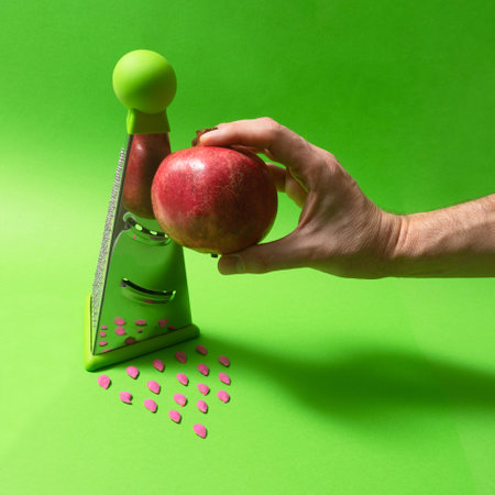 Pomegranate next to a grater with pumpkin seeds colored in red on the bottom. 45 degrees angle shoot with pastel green background. A male hand holding pomegranate fruit.の写真素材
