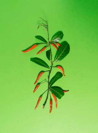 Fresh red chilli arrangement around fresh branch and fresh green leaves in flat lay composition. Bright green background.の写真素材