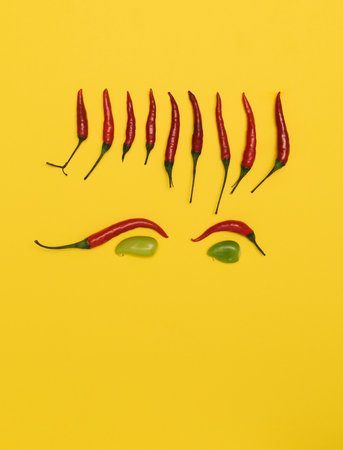 Fresh, natural, organic red chillies and green paprika in flat lay composition on yellow background.の写真素材