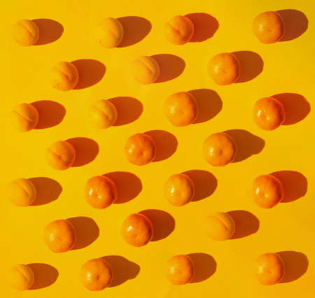 Flat lay pattern of fresh organic natural tangerines and apricots. Bright yellow background.
