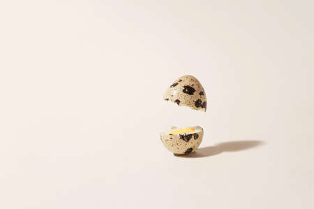Minimal concept of one organic natural quail eggs in two pieces. Arrangement made with beige...