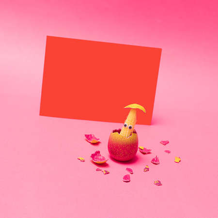 Baby corn with wiggle eyes in pink egg shell with egg shells on the bottom. Red envelope behind....