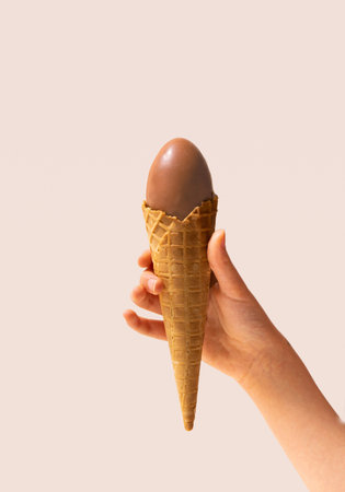 A girl hand holding ice cream cone with chocolate egg arrangement. Bright champagne background.の写真素材