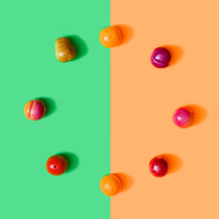 Marzipan fruit shaped candies arranged in circle with split light green and orange backgrounds with a copy space in middle. Flat lay with pop of color of lemon, plum, lime, pear, orange, apple.の写真素材