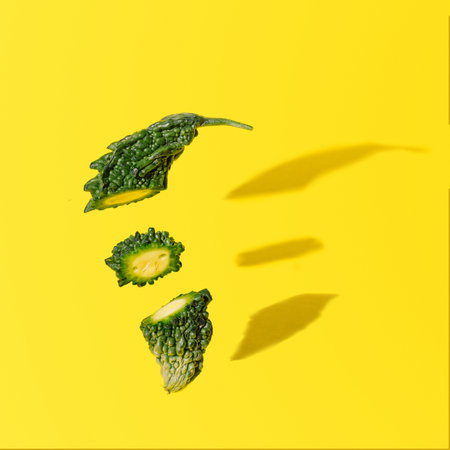 Karela cut in three pieces  on bright yellow background.の写真素材