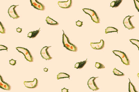 Slices of nigauri random on pastel ivory background. Flat lay arrangementの写真素材