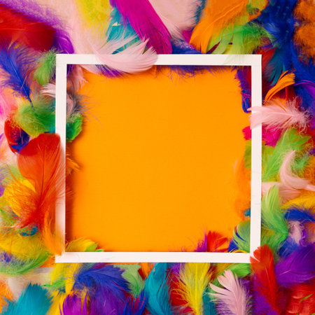 A square white frame with a pastel orange copy space in the center with colorful feathers in background. Flat lay.の写真素材