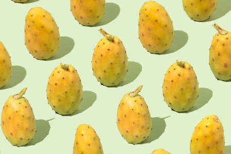 Unique pattern made of delightful tasty cactus figs. Pastel green background.