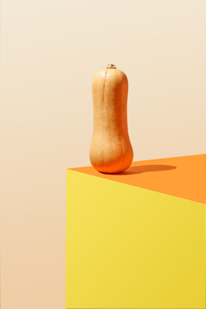 Organic fresh butter squash seats on the corner of the table. Pastel beige background. Still life abstract concept.の写真素材