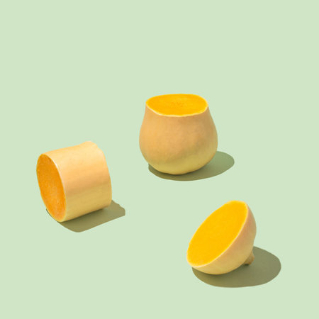 Three pieces of natural fresh butternut squash against pastel green background. Minimal modern concept.の写真素材