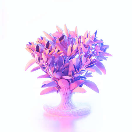 Cyber pank branch in 3d printed vase concept. Minimal atmospheric arrangement with glowing light.