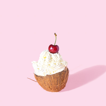 A half of fresh raw organic coconut filled with white sweet whipped cream with red fresh cherry on the top. Pink background.の写真素材