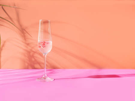 A glass of champagne with red currant posh concept arrangement against terracotta and light purple background with leafs and shade.の写真素材