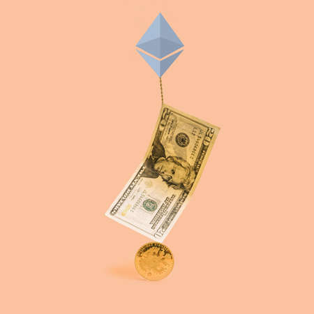 Golden coin with dollar paper banknote tight up with blockchain to crypto ethereum symbol. Past...