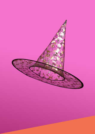 Halloween concept made of levitating striking black with golden glitter decorative prints witch hat. Vivid purple and terracotta creative background.の写真素材