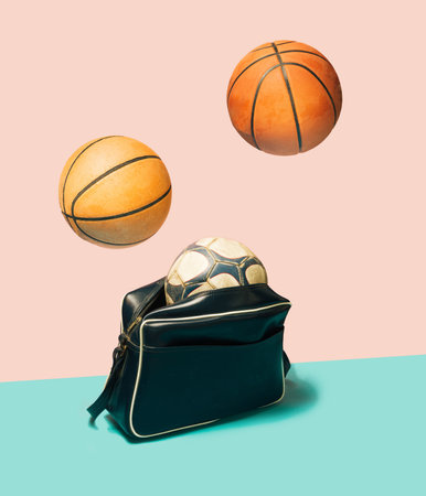 Timeless recreation retro sport bag concept with levitating basketballs. Bright pink and blue background.の写真素材