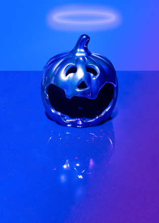 Halloween pumpin scary minimal cyberpunk arrangement. Terrifying  creepy blue backgroundの写真素材