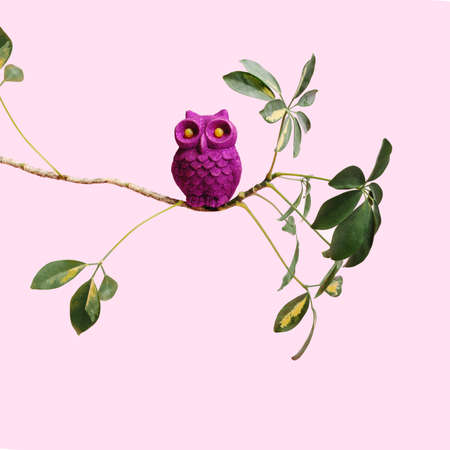An purple owl glitter toy bird with yellow eyes sitting alone on a few leaves tree branch. Baby pink background.の写真素材