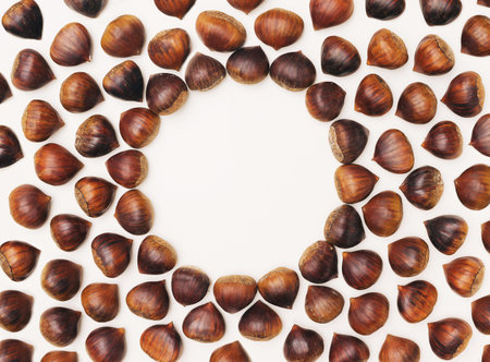 Attractive brown chestnuts arrangement with central minimal circular creative copy space. Beige background.の写真素材