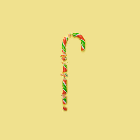Broken and sweet concept. Yummy crushed into different pieces candy cane flat lay arrangement. Yellow background.の写真素材