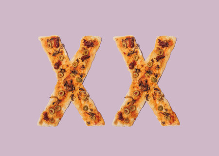 Two kisses  minimal concept. Artisan pizza made in the shape of two "Xs" against very peri background. Flat lay arrangement.の写真素材