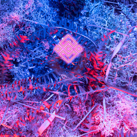 Abstract crypto cyberpunk background. Pattern created of various plants bog plants cotton, coss, male fern and other plants collected in winter time in Ireland.の写真素材