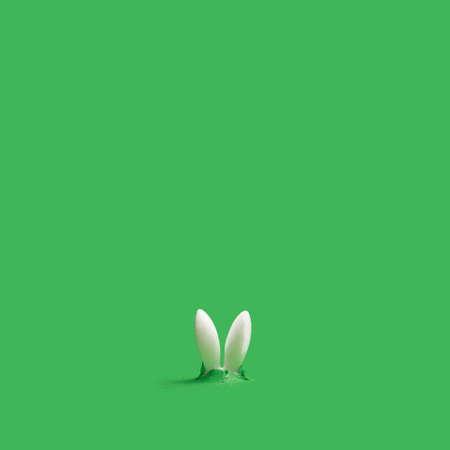 Funky pop up minimal concept. Awesome white bunny ears pop out from just broken endless green backgrounds. Creative copy space aboveの写真素材