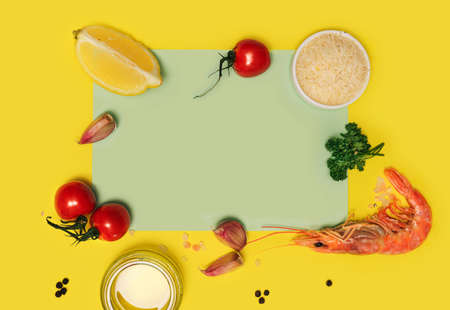 Unique seafood minimal concept.  Flat lay arrangement, made of fresh organic pink prawn, olive oil,...