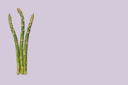 Yummy fresh veggie minimal concept. Flat lay arrangement of three organic asparagus against a purple background. Creative copy spaceの写真素材