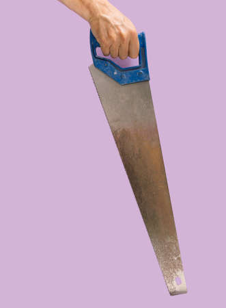Man hand holding saw on purple background.の写真素材