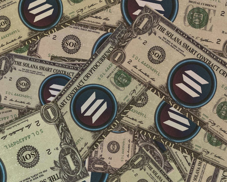 Solana (SOL) banknotes pattern , the one of cryptocurrency ,Close-up .の写真素材