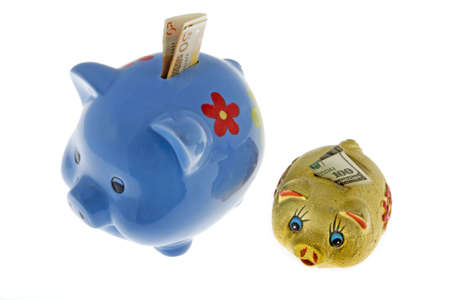 Piggy bank with dollar and euroの写真素材