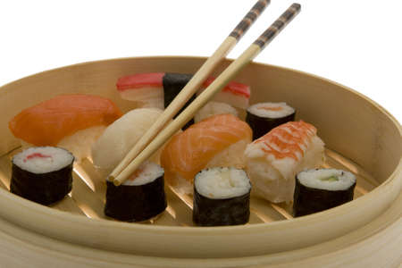 Sushi with chopsticks, japanese foodの写真素材
