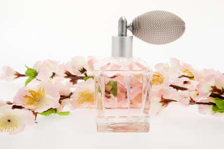 Perfume, pink bottle with cherry blossomsの写真素材