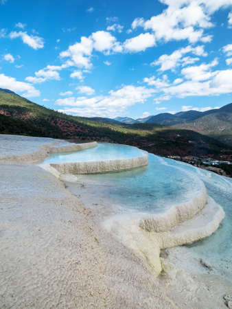 Baishuitai White Water Terraces, travel destination near Zhongdian in Yunnan, Chinaの写真素材