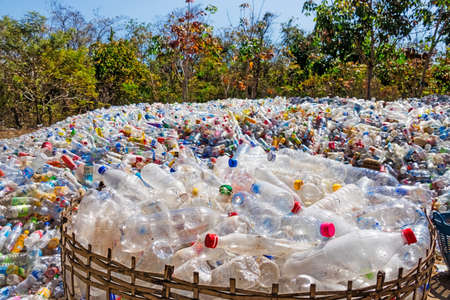 Ban Khok, Thailand - February 3, 2017: used plastic bottles stored in a landfill between tree area. the bottles will be clean and melted to create new plastic.のeditorial素材