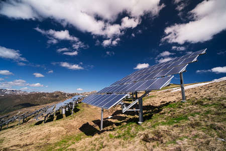 Solar Panel European Alps, high altitude landscape with alternative energy