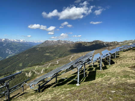 Solar Panel European Alps, high altitude landscape with alternative energy